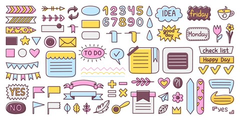 Bullet journal stickers. Calendar daily planner and diary doodle flat elements. Girly journey planning, cute paper notes memo ribbons and neoteric frames vector set