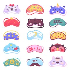 Eye sleep mask. Relaxed eyes accessories, bedtime elements. Traveler masks with cat, bear, cloud characters. Night sleepy blindfold, neoteric vector set