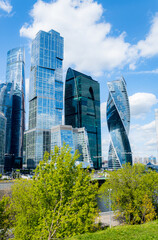 Moscow-City and Moscow-river area, Russia. modern architecture. Moscow City and skyscraper Moscow International Business Center in daytime against the blue sky with place for text