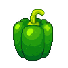 An 8-bit retro-styled pixel-art illustration of a green pepper with a yellow stem.