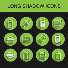 Set line Signboard hanging with an inscription shop here, Paper shopping bag, Shopping cart and food, Credit card, Pos terminal inserted credit and Blank label template price tag icon. Vector