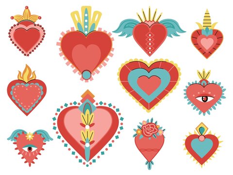 Sacred mexican hearts with fire eye and wings. Retro heart mexico stickers. Fashion tattoos or embroidery patch template. Spiritual magic decent vector elements
