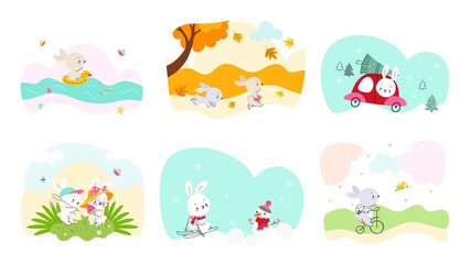 Happy cartoon bunny in different seasons. Cute fun bunnies walk in autumn forest, drive auto with christmas tree. New year holidays and summer time nowaday vector kid prints