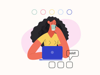 Sell online - Online shopping and electronic commerce series - modern flat vector concept illustration of a woman selling online with a laptop. Promotion, discounts, sale and online orders concept