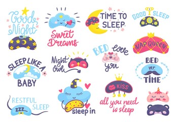 Dream mask. Bedtime elements, cute masks eyes and positive phrases. Night sweet dreams accessories, sleeping beauty girls neoteric vector stickers