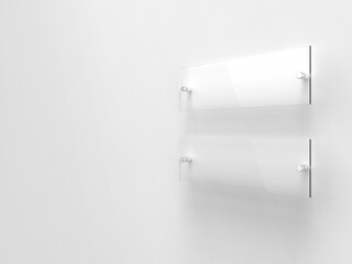 Two blank transparent glass interior corporate signage plates Mock up template, Clear boards for branding, logo. Transparent acrilic advertising signboards mock-up side view. 3D rendering