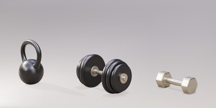 Set- Two 3d dumbbells and a kettlebell on a gray background. Vector illustration.