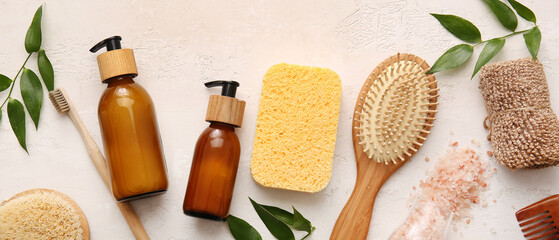 Set of bath accessories on light background