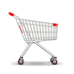 Metal wire small shopping cart for mall. Empty bag on wheels to carry heavy items, purchasing. Realistic supermarket trolley illustration. Object Isolated on white background.