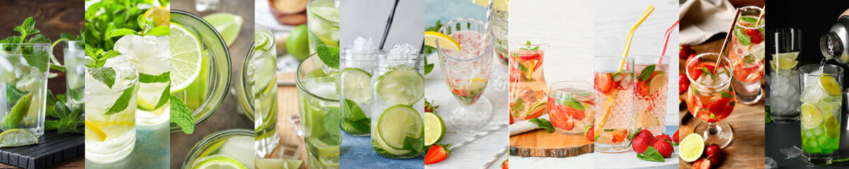 Collage with fresh tasty mojito cocktails