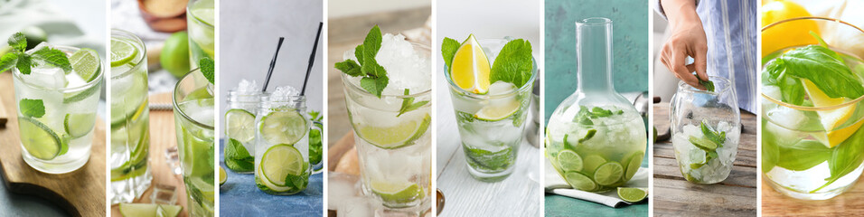 Collage with fresh tasty mojito cocktails