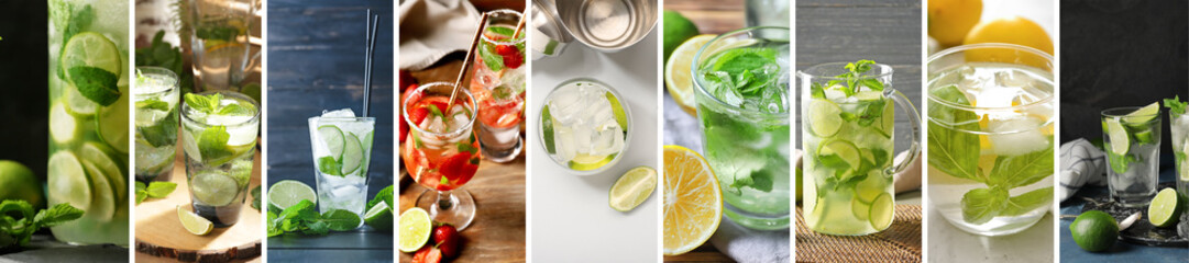 Collage with fresh tasty mojito cocktails