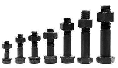 Many metal bolts wits nuts on white background