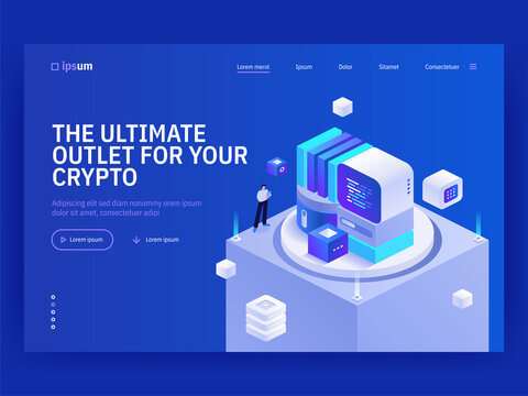 Ultimate outlet for your crypto isometric vector image on blue background. Buy and sell cryptocurrency. Blockchain trading technology. Web banner with space for text. Composition with 3d components