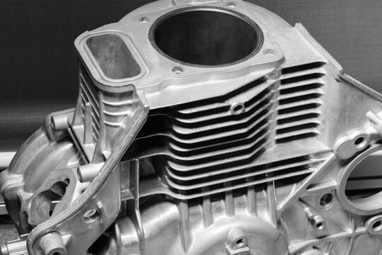 Open block cylinder petrol engine. Close-up, industrial metalworking concept