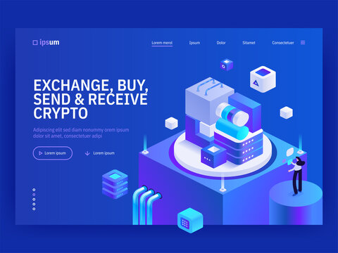 Exchange buy send and receive crypto isometric vector image on blue background. Safe operations with virtual currency. Stock market. Web banner with space for text. Composition with 3d components