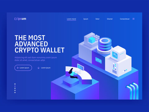 Most advanced crypto wallet isometric vector image on blue background. Access to personal account. Cryptocurrency stock market tools. Web banner with space for text. Composition with 3d components