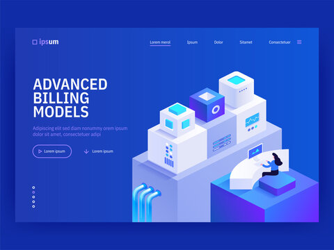 Advanced billing models isometric vector image on blue background. Virtual payment technology for business. Online invoices organization. Web banner with space for text. Composition with 3d components