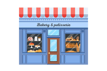 Bakery store front, facade with bread and pastry variety. Flat vector illustration isolated on white background.