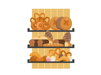 Shelves with variety of bread in bakery shop. Showcase with bread and pastry, baguette, ciabatta, croissant, bagel, pretzel. Flat vector illustration isolated on white background.