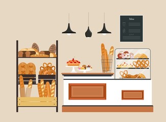Counter in a bakery store with confectionery items and bread stand. French baguette, ciabatta, croissant, bagel, pretzel. Flat vector illustration isolated on white background, shop interior