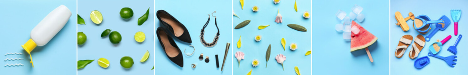 Beautiful summer collage on blue background, top view