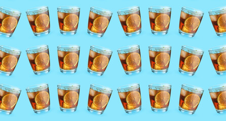 Glasses of tasty Cuba Libre cocktail on blue background. Pattern for design
