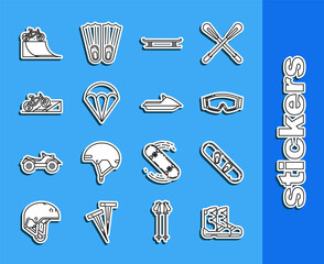 Set line Boots, Snowboard, Ski goggles, Skateboard, Parachute, Bicycle on street ramp, and Jet ski icon. Vector