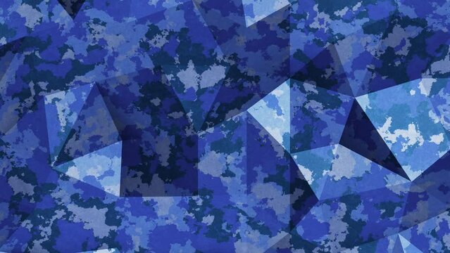 Realistic looping 3D animation of the trendy blue camouflage pattern moving polygonal surface rendered in UHD as motion background 