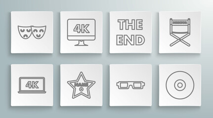 Set line Laptop screen with 4k video technology, 3D cinema glasses, CD DVD disk, The End handwritten inscription, Director movie chair and Comedy tragedy theatrical masks icon. Vector