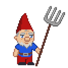 Obraz premium An 8-bit retro-styled pixel-art illustration of a garden gnome holding a pitch fork.