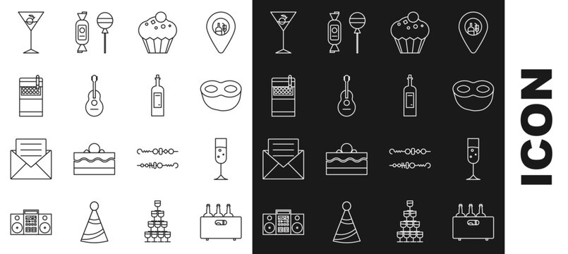 Set line Bottles of wine in a wooden box, Glass champagne, Festive mask, Muffin, Guitar, Open cigarettes pack, Martini glass and icon. Vector