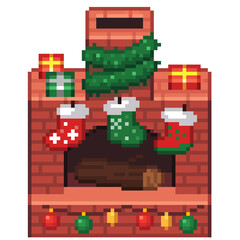 An 8-bit cartoon retro-styled pixel-art illustration of a Christmas chimney featuring stockings and wrapped gifts.