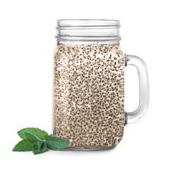 Mason jar of water with chia seeds on white background
