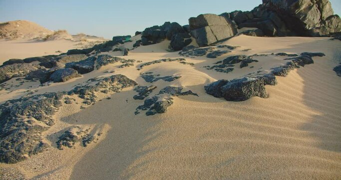 Close up shot of a white fine sand on the beach. Golden sand motion, textured black volcanic stones at seaside. The beauty of the desert dunes