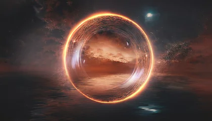 Foto op Plexiglas Abstracte futuristische fantasie woestijnlandschap, vurige cirkel, neon cirkel. Sombere wolken, wolken, lichte cirkel. Sci-fi landschap van een buitenaardse planeet. Onwerkelijke wereld. 3D illustratie. © MiaStendal