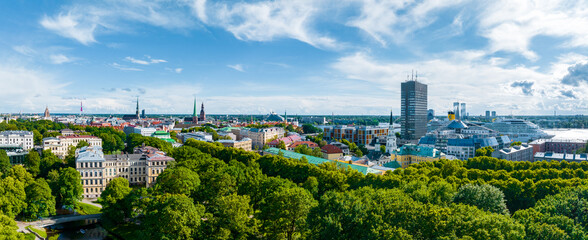 Aerial panoramic view of the center of Riga. Close up panoramic view of the cathedral with Riga old...