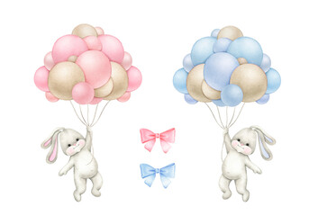 Bunny girl and bunny boy flying in balloons..Watercolor hand painted illustrations for baby shower isolated on white background . - 517556935