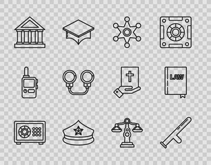 Set line Safe, Police rubber baton, Hexagram sheriff, cap with cockade, Courthouse building, Handcuffs, Scales of justice and Law book icon. Vector