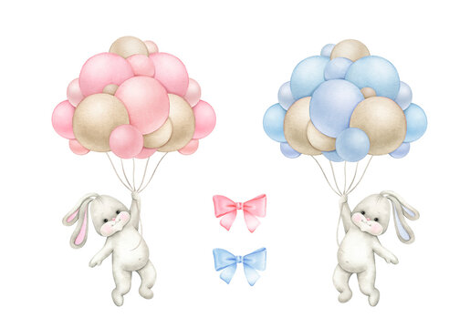 Bunny girl and bunny boy flying in balloons..Watercolor hand painted illustrations for baby shower isolated on white background .
