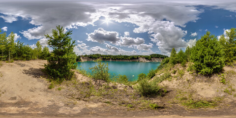 full seamless spherical hdri panorama 360 degrees angle view on limestone coast of huge green lake...