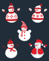 Set of happy snowmen. There are five different snowmen in beautiful winter clothes in the picture. Vector illustration