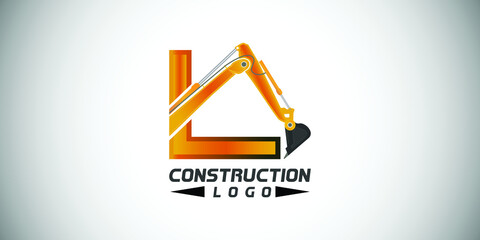 L letter construction logo with  Excavator design