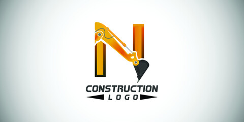 N letter construction logo with  Excavator design
