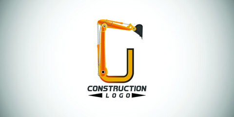 U letter construction logo with  Excavator design