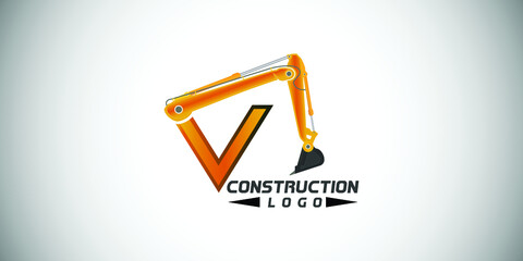 V letter construction logo with  Excavator design