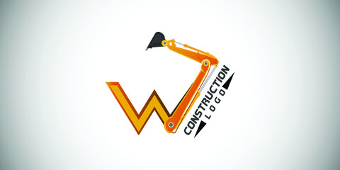 W letter construction logo with  Excavator design