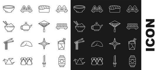 Set line Japanese paper lantern, Asian noodles in box and chopsticks, Sushi on cutting board, tea ceremony, Rice bowl with, Bowl of hot soup and umbrella from the sun icon. Vector