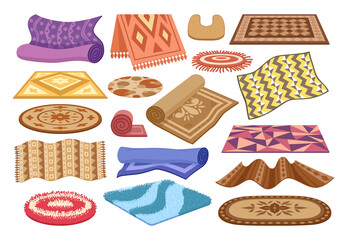 Cartoon woven rugs, textile wool modern carpets. Trendy living room, bedroom or bath interior decor, cozy carpets vector symbols set. Home textile collection