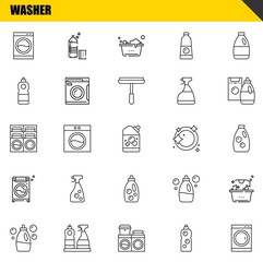 washer vector line icons set. washing machine, detergent and washing machine Icons. Thin line design. Modern outline graphic elements, simple stroke symbols stock illustration